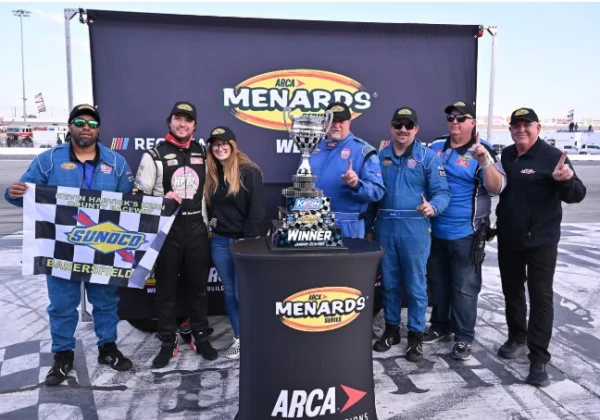 Square Tension Podium used to hold the championship trophy for a NASCAR Arca Menards Series racing event