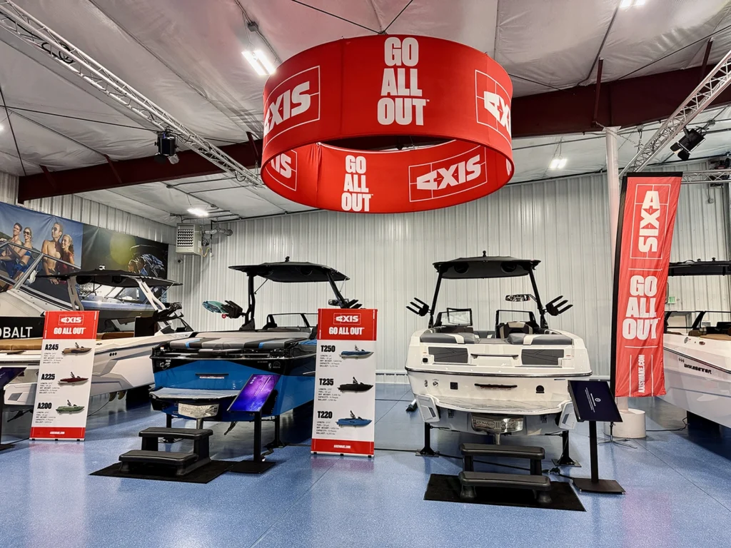 Circle Hanging Banner used over Axis Boats in a dealership