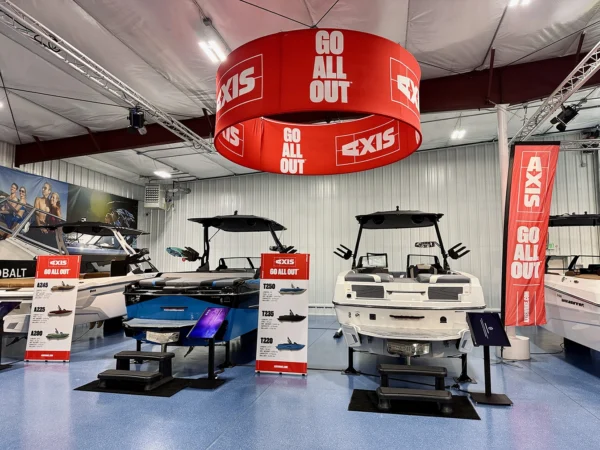 Circle Hanging Banner used over Axis Boats in a dealership