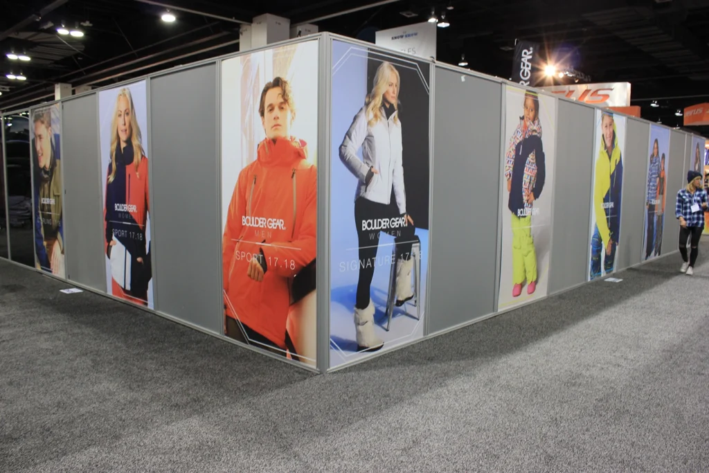 Foamcore Custom Signage used for Boulder Gear's tradeshow booth walls, displaying product images.