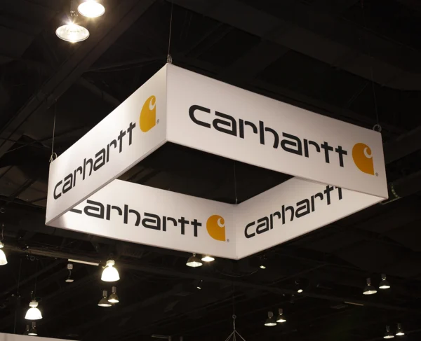 Square Hanging Banner used over Carhart tradeshow booth."