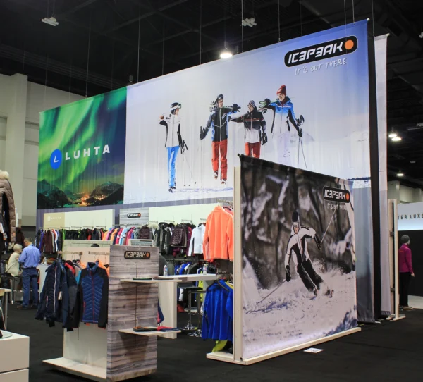 Luhta Custom Dye Sublimation Fabric Backwall Banner and Hanging Fabric Banner used for trade show booth.