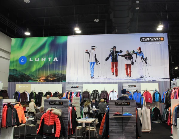 Luhta Custom Dye Sublimation Hanging Fabric Banner used over their trade show booth.