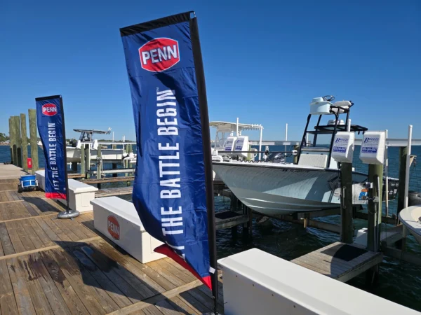 Feather banner used at PENN fishing event.