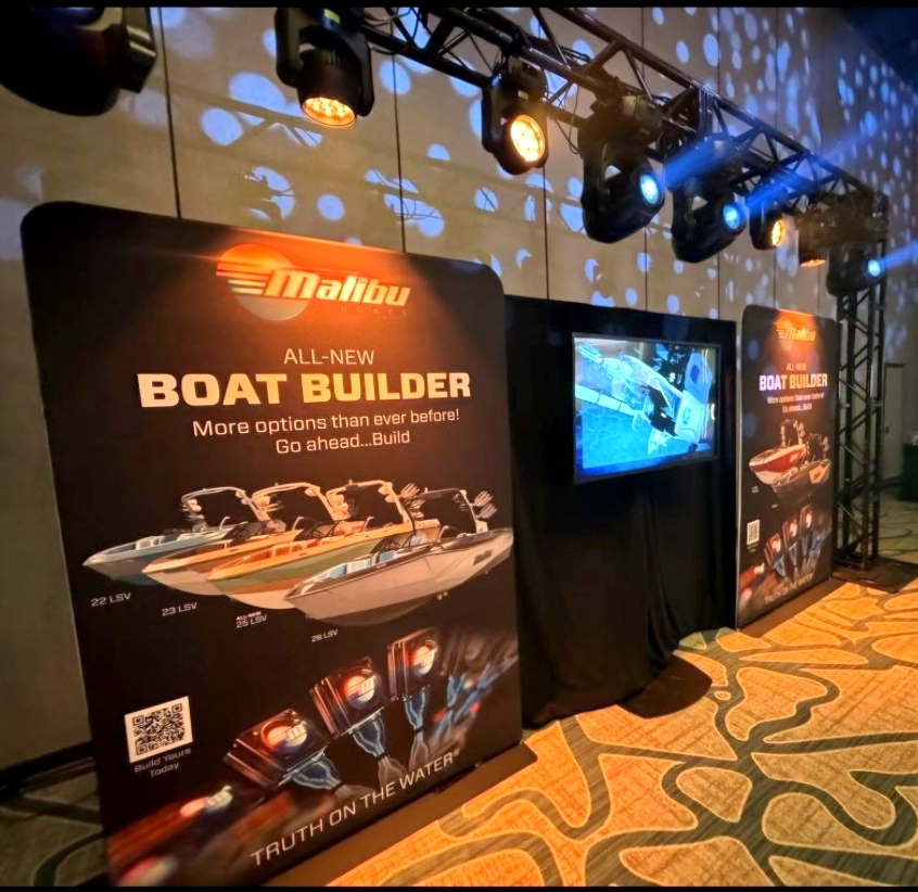 Tension Banner Stand used at Malibu Boats National Dealer Meeting in Texas.