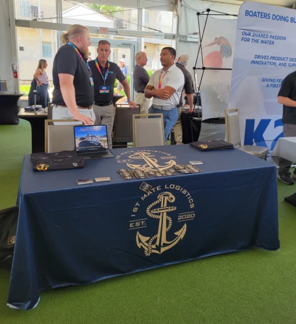 Loose throw tablecloth used at 1st Mate Logistics boating event.