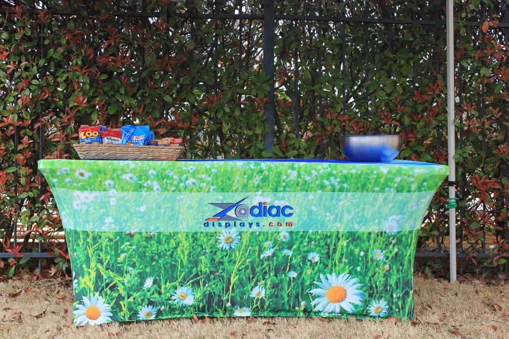 Stretch tablecloth used at Zodiac outdoor event.