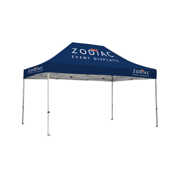 Custom blue pop-up tent with zodiac graphics for trade shows