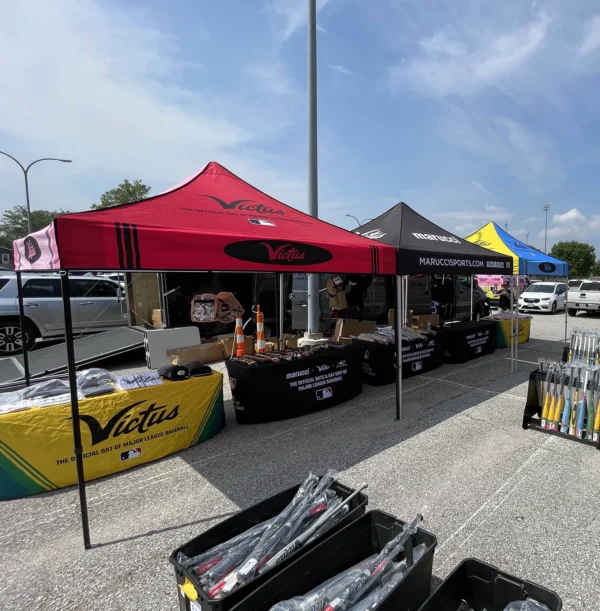 Pop-up Tent and Fitted Tablecloth used at Marucci baseball event.
