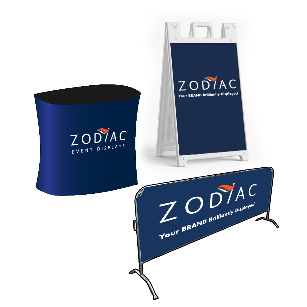 A-Frame, Podium and Barricade products, branded for Zodiac Event Displays.